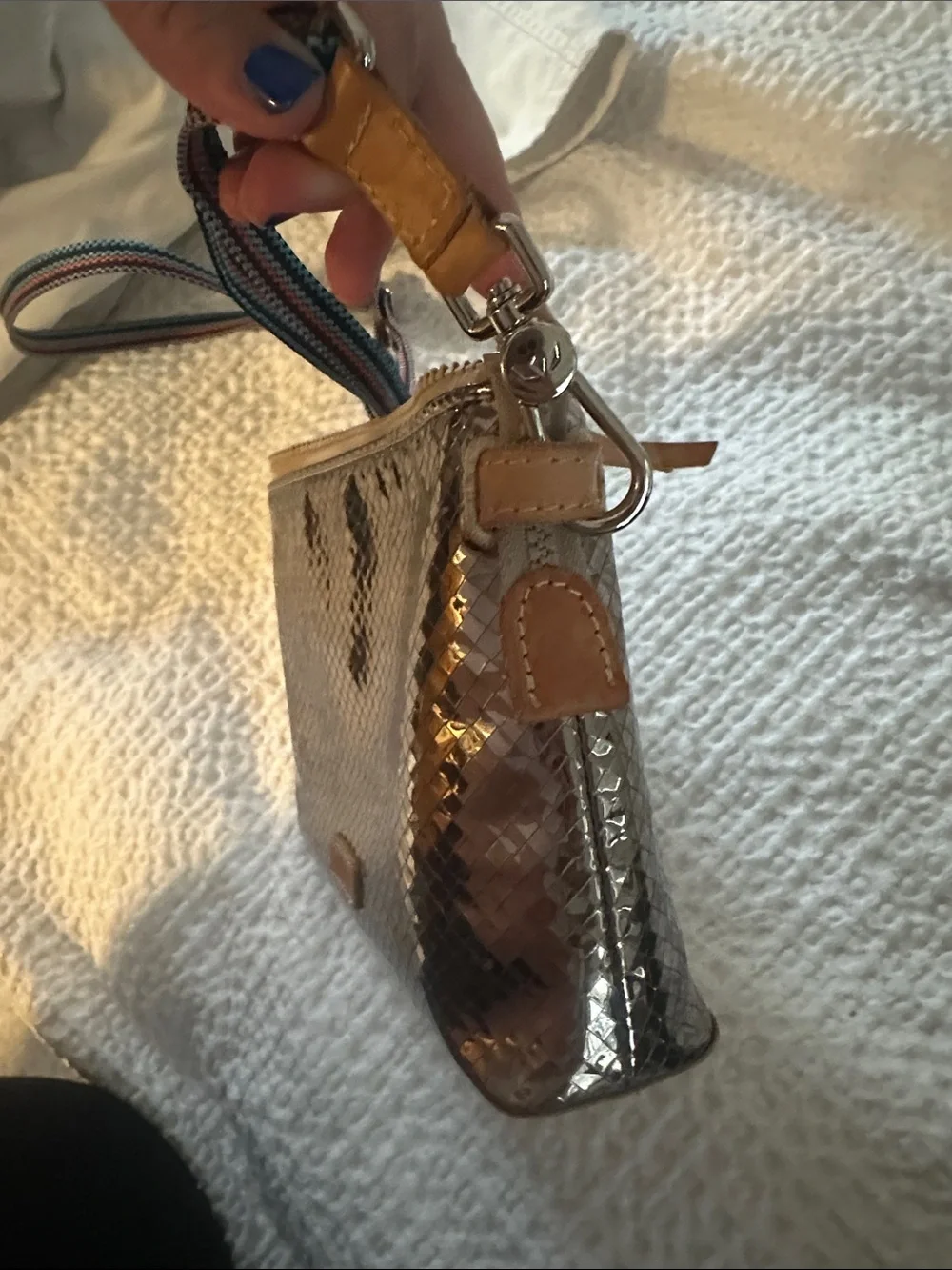 Consuela Metallic Pewter Snake-Embossed Wristlet with Striped Strap